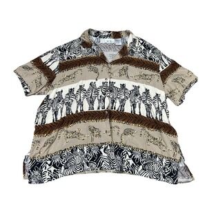 Womens Cricket Lane Animal Print Short Sleeve Button Up Shirt Top Zebra‎